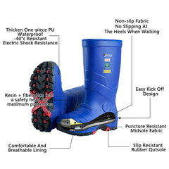 Blue PU winter boots with electric shock resistance, non-slip fabric, and fiberglass safety toes. Comfortable, durable, and suitable for -40°C