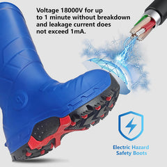 Blue electric hazard safety work boots, rated up to 18,000V for 1 minute with leakage under 1mA. Designed for superior protection in high-voltage environments