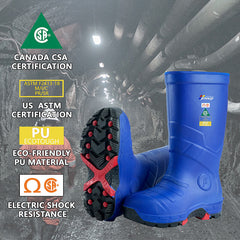 Blue work boots with CSA and ASTM certifications. Made from eco-friendly PU material, providing electric shock resistance and superior grip for tough environments