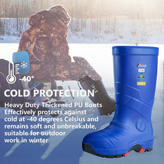 Heavy-duty blue PU boots designed for extreme cold protection, effective down to -40°C. Ideal for outdoor winter work, offering flexibility, durability, and comfort