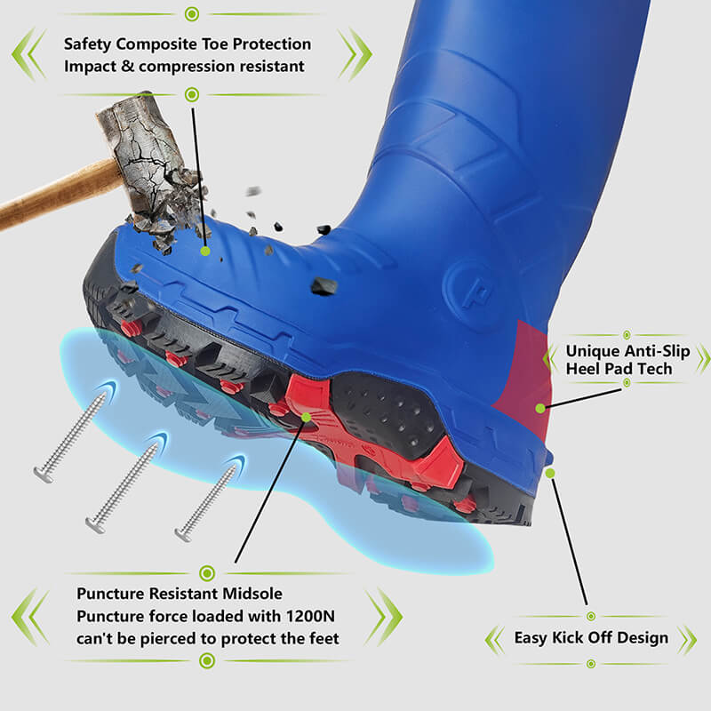 Impact-resistant blue work boots with safety composite toe protection and puncture-resistant midsole. Unique anti-slip heel pad tech. Engineered for ultimate foot safety and durability on the job