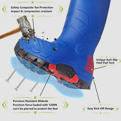 Impact-resistant blue work boots with safety composite toe protection and puncture-resistant midsole. Unique anti-slip heel pad tech. Engineered for ultimate foot safety and durability on the job