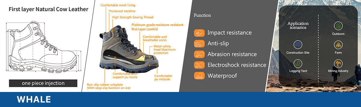 Introduction to the Materials, Product Design, Features, and Applications of the Whale Series Steel Toe Work Boots