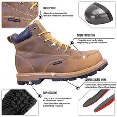 PINNIP Brown and Black Seals work boots feature a natural cowhide upper for waterproof performance, a steel toe for protection, and a non-slip rubber sole for excellent traction