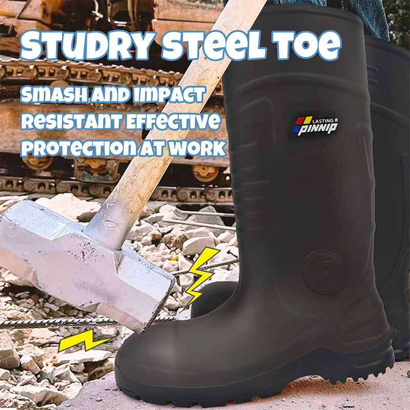 PINNIP Wellington Boots feature a sturdy steel toe, offering effective protection against impacts and crushing hazards in the workplace