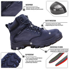 PINNIP black Whale work boots feature a natural cowhide upper for waterproof performance, a steel toe for protection, and a non-slip rubber sole for excellent traction