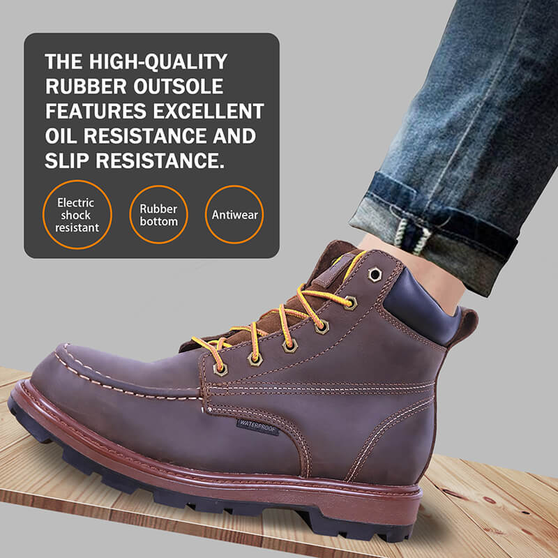 PINNIP dark brown Seals steel toe work boots feature a high-quality rubber outsole that provides excellent oil resistance and slip resistance