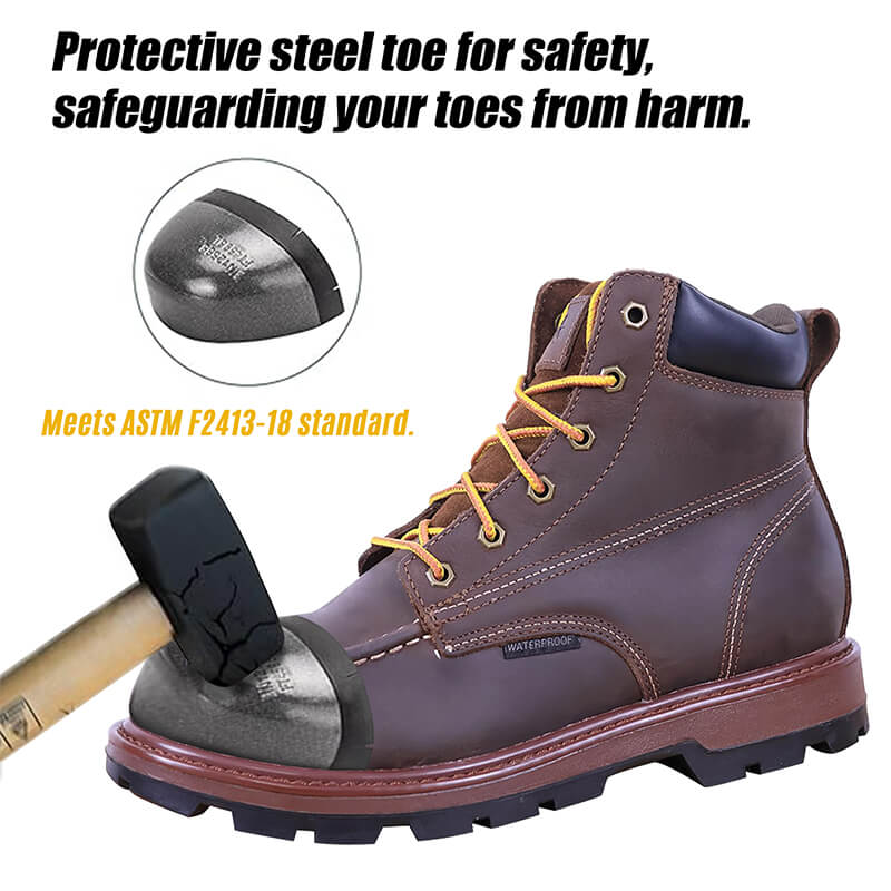 PINNIP dark brown Seals steel toe work boots feature a protective steel toe, safeguarding your toes from harm