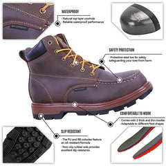 PINNIP dark brown Seals work boots feature a natural cowhide upper for waterproof performance, a steel toe for protection, and a non-slip rubber sole for excellent traction