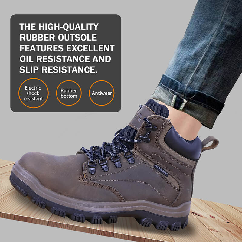 PINNIP dark brown Whale steel toe work boots feature a high-quality rubber outsole that provides excellent oil resistance and slip resistance