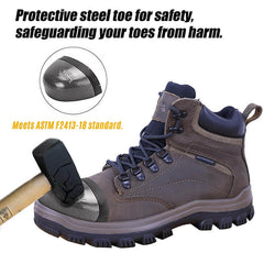 PINNIP dark brown Whale steel toe work boots feature a protective steel toe, safeguarding your toes from harm