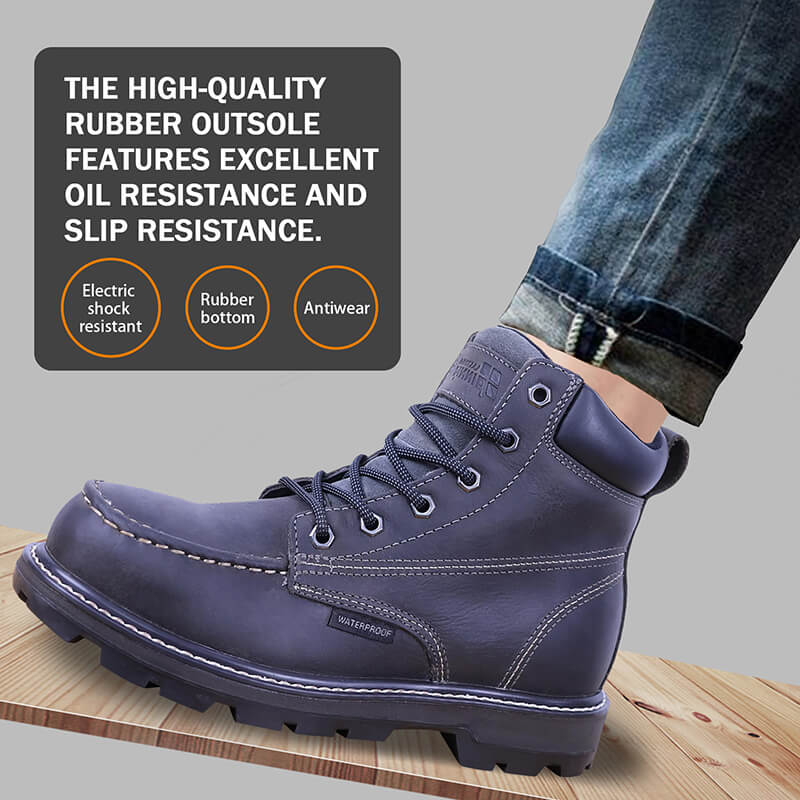 PINNIP dark grey Seals steel toe work boots feature a high-quality rubber outsole that provides excellent oil resistance and slip resistance