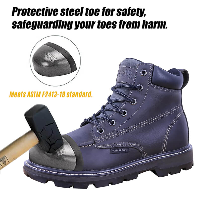 PINNIP dark grey Seals steel toe work boots feature a protective steel toe, safeguarding your toes from harm