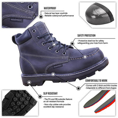 PINNIP dark grey Seals work boots feature a natural cowhide upper for waterproof performance, a steel toe for protection, and a non-slip rubber sole for excellent traction