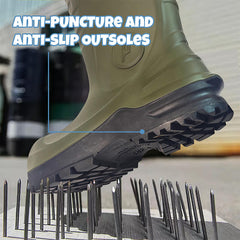 The green PINNIP Wellington Boots feature anti-puncture and anti-slip outsoles