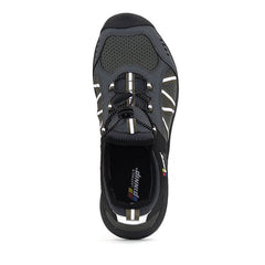 This is a Elevation view of a PINNIP black puncture resistant hiking shoe with 3M reflective material on the upper
