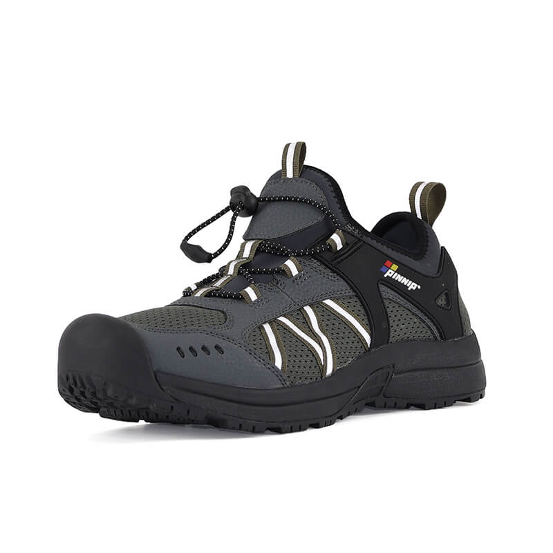 This is a side view of the left foot of a black puncture resistance hiking shoe with an EVA insole, puncture-resistant midsole fabric and rubber outsole.