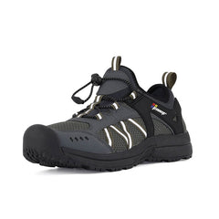 This is a side view of the left foot of a black puncture resistance hiking shoe with an EVA insole, puncture-resistant midsole fabric and rubber outsole.