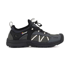 This is a side view of the right foot of a black puncture-resistant hiking shoe with an EVA liner, puncture-resistant midsole fabric and rubber outsole