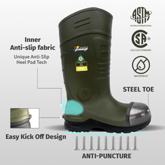 男性用 CSA 承認安全ブーツ - 防水 PU スチールつま先ゴムブーツ ASTM F2413-18 耐酸・耐油性 - グリーン